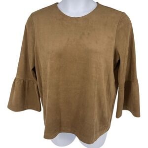 J. McLaughlin Keaton Faux Suede Bell 3/4 sleeve Top Brown Size L Minimalist Chic